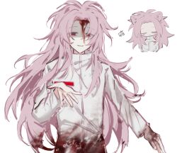 Rule 34 | 1boy, animal ears, blood, blood on clothes, blood on face, blood on hands, cat boy, cat ears, chibi, chinese commentary, commentary request, eyes visible through hair, hair between eyes, hand up, hatsutori hajime, highres, jiekuijiangshadaonijiamenkou, kemonomimi mode, long hair, long sleeves, male focus, multiple views, open mouth, pink hair, red eyes, saibou shinkyoku, shirt, simple background, sleeves past fingers, sleeves past wrists, smile, translated, white background, white shirt