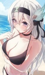 Rule 34 | 1girl, absurdres, arm under breasts, bare shoulders, beach, bikini, black bikini, black hairband, blue sky, blush, breasts, cleavage, closed mouth, cloud, cloudy sky, collarbone, commentary request, day, firefly (honkai: star rail), grey hair, hair ornament, hairband, highres, honkai: star rail, honkai (series), horizon, large breasts, long hair, looking at viewer, muginosa, ocean, purple eyes, sky, solo, swimsuit