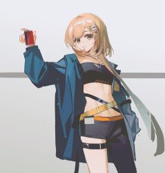 Rule 34 | 1girl, arknights, asymmetrical clothes, bandeau, belt, black bandeau, black pants, blue jacket, brown eyes, brown hair, commentary request, cowboy shot, dog tags, firewhistle (arknights), gradient background, grey background, grin, hair ornament, hairclip, hand up, highres, holding, jacket, long hair, looking at viewer, midriff, navel, open clothes, open jacket, pants, pe902, single pantsleg, smile, solo, standing, stomach, strapless, thigh strap, tube top, very long hair, yellow belt