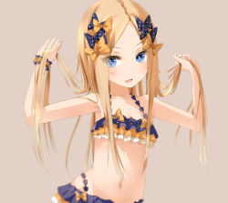 Rule 34 | 1girl, abigail williams (emerald float) (fate), abigail williams (fate), bare shoulders, bikini, black bikini, black bow, black skirt, blonde hair, blue eyes, blush, bow, breasts, collarbone, emerald float, fate/grand order, fate (series), forehead, frilled bikini, frills, holding, holding own hair, long hair, looking at viewer, microskirt, multiple bows, navel, official alternate costume, open mouth, orange bow, parted bangs, polka dot, polka dot bow, sakazakinchan, sidelocks, skirt, small breasts, solo, swimsuit, thighs