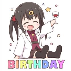 Rule 34 | 1girl, :d, ^ ^, black hair, black socks, blush, brown skirt, chibi, closed eyes, collared shirt, commentary request, cup, drink, drinking glass, full body, hair ornament, hair ribbon, hairclip, holding, holding cup, kneehighs, lab coat, long hair, long sleeves, nekotoufu, no shoes, onii-chan wa oshimai!, open clothes, open mouth, outstretched arm, oyama mihari, purple shirt, rainbow gradient, red ribbon, ribbon, shirt, skirt, smile, socks, soles, solo, star (symbol), twintails, white background, wide sleeves, wine glass