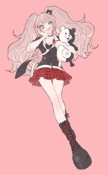 Rule 34 | 1girl, badge, bear hair ornament, blush, boots, bow, bra, bra peek, breasts, button badge, choker, cleavage, cross-laced footwear, danganronpa: trigger happy havoc, danganronpa (series), enoshima junko, grin, hair ornament, half-closed eyes, hand on own cheek, hand on own face, highres, holding, holding stuffed toy, lace-up boots, long hair, monokuma, nail polish, necktie, pink background, pink hair, pink theme, plaid, plaid skirt, pleated skirt, rikuwo, skirt, smile, solo, stuffed toy, twintails, underwear, uneven eyes, very long hair
