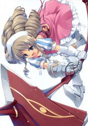 Rule 34 | 1girl, :o, absurdres, armor, attack, axe, belt, belt skirt, blonde hair, blue eyes, blush, boots, choker, dress, drill hair, dutch angle, dwarf, elbow gloves, fighting stance, flat chest, foreshortening, frills, gauntlets, gloves, greaves, grey hair, hat, highres, huge weapon, iron princess ymir, light particles, lolita fashion, long hair, open mouth, outstretched arms, pink skirt, pointy ears, puffy short sleeves, puffy sleeves, queen&#039;s blade, ribbed dress, ribbon, scan, short sleeves, sidelocks, simple background, skirt, sleeve cuffs, solo, striped, thigh boots, thighhighs, vertical stripes, weapon, white background, white gloves, ymir (queen&#039;s blade), ymir (queen's blade)
