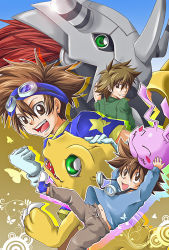 Rule 34 | 00s, 1boy, aged down, agumon, brown hair, bug, butterfly, casual, child, clenched hand, digimon, digimon (creature), digimon adventure, digimon adventure 02, dinosaur, friends, gloves, gradient background, green eyes, insect, koromon, leng s, looking back, male focus, multiple persona, multiple views, navel, wargreymon, white gloves, yagami taichi