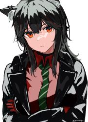 Rule 34 | 1girl, animal ears, arknights, black hair, black jacket, crossed arms, ear piercing, gloves, gradient hair, green necktie, hair between eyes, highres, jacket, jannong, long hair, looking at viewer, mixed-language commentary, multicolored hair, necktie, official alternate costume, open clothes, open jacket, orange eyes, piercing, red gloves, red hair, red shirt, shirt, sidelocks, simple background, solo, texas, texas (arknights), texas (willpower) (arknights), upper body, white background, wolf ears