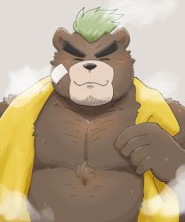 Rule 34 | 1boy, animal ears, ashigara (housamo), bara, bear boy, bear ears, blush, brown hair, facial hair, furry, furry male, highres, large pectorals, male focus, manly, muscular, pectorals, topless male, simple background, smile, solo, tokyo houkago summoners, towel, upper body, yanutorie