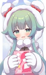 Rule 34 | 1girl, blue archive, blush, book, bow, coat, gloves, green eyes, green hair, halo, highres, holding, holding book, hood, hooded coat, momiji (blue archive), pom pom (clothes), red bow, solo, upper body, white gloves, winter clothes, winter coat, yuchiberu