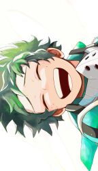 Rule 34 | 1boy, ^ ^, artist name, bodysuit, boku no hero academia, closed eyes, commentary, english commentary, facing viewer, floating clothes, floating hair, freckles, furrowed brow, green bodysuit, green hair, happy, highres, male focus, midoriya izuku, open mouth, portrait, procreate (medium), raised eyebrows, reallyveverka, round teeth, short hair, sideways, smile, solo, teeth, white background