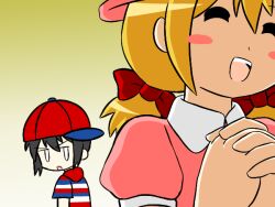 Rule 34 | 1boy, 1girl, ana (mother), baseball cap, black hair, blonde hair, dress, from side, hat, memorisleep, mother (game), mother 1, ninten, nintendo, parody, pink dress, ribbon, shirt, short hair, short twintails, smile, striped clothes, striped shirt, triple baka (vocaloid), twintails