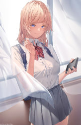 Rule 34 | 1girl, absurdres, amagimei, bag, blonde hair, blue bag, blue eyes, bow, bowtie, carrying bag, cellphone, closed mouth, collared shirt, commentary request, curtains, dress shirt, grey skirt, hand up, highres, holding, holding phone, medium hair, original, paid reward available, phone, playing with own hair, pleated skirt, red bow, red bowtie, school bag, shirt, shirt tucked in, skirt, skirt rolled up, smartphone, smile, solo, standing, striped bow, striped bowtie, striped clothes, white shirt, wind, window