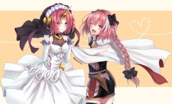 Rule 34 | &gt;;d, 1boy, 1girl, ;d, astolfo (fate), bare shoulders, black bow, blue eyes, blush, bow, braid, cape, cleavage, dress, elbow gloves, fang, fate/apocrypha, fate (series), frankenstein&#039;s monster (fate), gloves, hair bow, hair intakes, hair over eyes, heterochromia, highres, horns, long hair, looking at viewer, multicolored hair, one eye closed, open mouth, pink eyes, pink hair, see-through, see-through cleavage, short hair, single horn, skirt, smile, streaked hair, tanaji, thighhighs, trap, twitter username, v-shaped eyebrows, veil, very long hair, white dress, white gloves, yellow eyes