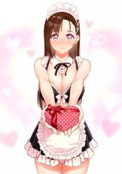 Rule 34 | 1girl, apron, bare shoulders, bikini, black bikini, black ribbon, black skirt, blush, bow, bow bikini, breasts, brown hair, cleavage, closed mouth, collar, cowboy shot, detached collar, embarrassed, female focus, frilled bikini, frilled skirt, frills, gift, heart, heart background, highres, hino hitomi, holding, holding gift, large breasts, long hair, looking at viewer, maid, maid apron, maid bikini, maid headdress, murenase! shiiton gakuen, neck ribbon, official art, outstretched arms, pink eyes, pov, ribbon, simple background, skirt, solo, standing, swimsuit, thighhighs, unconventional maid, v arms, white apron, white background, white bow, white collar, white frills