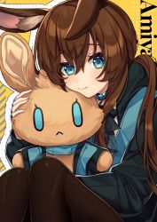 Rule 34 | 1girl, amiya (arknights), animal ears, arknights, black jacket, blue eyes, blush, brown hair, brown pantyhose, character name, closed mouth, commentary request, diagonal stripes, feet out of frame, hair between eyes, hood, hood down, hooded jacket, jacket, karokuchitose, knees up, long hair, hugging object, open clothes, open jacket, pantyhose, polka dot, ponytail, rabbit ears, solo, striped, striped background, stuffed animal, stuffed rabbit, stuffed toy, very long hair, yellow background