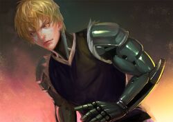 Rule 34 | 1boy, black sclera, blonde hair, closed mouth, colored sclera, commentary request, cyborg, earrings, genos, jewelry, lianmini, male focus, one-punch man, short hair, solo, yellow eyes