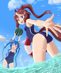 Rule 34 | 2girls, :d, ahoge, animal ears, aqua hair, arms up, artist name, ass, ball, beachball, black ribbon, blue eyes, blue hair, blue one-piece swimsuit, blue sky, breasts, brown hair, cloud, day, flat chest, food print, foreshortening, hair ribbon, heterochromia, highres, holding, holding ball, holding swim ring, horse ears, horse girl, horse tail, innertube, long hair, looking at viewer, looking back, multicolored hair, multiple girls, one-piece swimsuit, open mouth, outdoors, ponytail, purple eyes, reaching, reaching towards viewer, red ribbon, ribbon, sharp teeth, sky, small breasts, smile, standing, streaked hair, swim ring, swimsuit, tail, tamagoya, teeth, tokai teio (umamusume), twin turbo (umamusume), twintails, umamusume, wading, water, water drop, watermelon print, wet, white hair