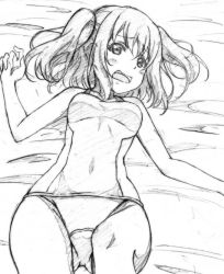 Rule 34 | 10s, 1girl, blush, covered navel, graphite (medium), greyscale, kotokoto (jumon), kurosawa ruby, long hair, love live!, love live! sunshine!!, monochrome, one-piece swimsuit, open mouth, school swimsuit, sketch, solo, swimsuit, traditional media, two side up