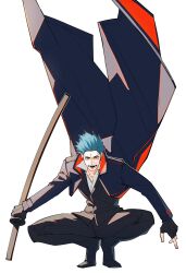 Rule 34 | 1boy, absurdres, black gloves, black jacket, black suit, blue coat, blue hair, coat, coat lift, collared coat, fate/grand order, fate (series), formal, full body, gloves, haruakira, highres, holding, holding sword, holding weapon, jacket, katana, long sleeves, looking at viewer, male focus, orange coat, pants, saitou hajime (fate), sheath, sheathed, shirt, short hair, smile, solo, squatting, suit, sword, two-sided coat, two-sided fabric, weapon, white shirt