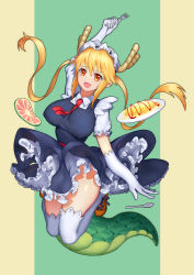 Rule 34 | 10s, 1girl, absurdres, blonde hair, breasts, covered erect nipples, dragon girl, dragon horns, dragon tail, fang, food, fork, frills, full body, gloves, highres, horns, jumping, kobayashi-san chi no maidragon, large breasts, large tail, long hair, looking at viewer, maid headdress, necktie, omelet, omurice, open mouth, orange eyes, petticoat, shc, slit pupils, smile, solo, spoon, tail, thighhighs, thighs, tohru (maidragon), twintails, white gloves, white thighhighs
