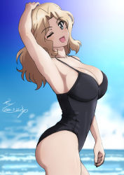 Rule 34 | 1girl, ;d, arm up, armpits, black one-piece swimsuit, blonde hair, blue eyes, blue sky, blurry, blurry background, blush, breasts, bukkuri, casual one-piece swimsuit, cleavage, collarbone, commentary request, cowboy shot, dated, day, depth of field, from side, girls und panzer, highres, horizon, kay (girls und panzer), large breasts, long hair, looking at viewer, looking to the side, ocean, one-piece swimsuit, one eye closed, open mouth, outdoors, parted bangs, revision, signature, sky, smile, solo, sunlight, swimsuit, water