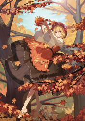 Rule 34 | 1girl, absurdres, aki minoriko, autumn, autumn leaves, barefoot, blonde hair, blurry, cupping hands, day, depth of field, dress, falling leaves, floating, food, forest, fruit, grapes, hair ornament, hat, hat ornament, highres, holding, holding leaf, houraisan chouko, in tree, layered dress, leaf, leaf hair ornament, long sleeves, maple leaf, mob cap, nature, outstretched arms, own hands together, parted lips, red hat, short hair, sky, solo, touhou, tree, tree shade, wide sleeves