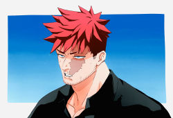Rule 34 | 1boy, alternate costume, bad id, bad pixiv id, black shirt, blue eyes, boku no hero academia, endeavor (boku no hero academia), facial hair, highres, kei (ahan uhun 345), large pectorals, male focus, mature male, messy hair, muscular, muscular male, partially unbuttoned, pectoral cleavage, pectorals, portrait, red hair, scar, scar across eye, scar on face, shirt, short hair, sideburns, solo, spiked hair, stubble, sweatdrop, upper body