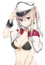 Rule 34 | 10s, 1girl, absurdres, bikini, black bikini, blonde hair, breasts, capelet, cleavage, collarbone, graf zeppelin (kancolle), hair between eyes, hat, highres, kantai collection, large breasts, long hair, peaked cap, purple eyes, revision, rikoma, sidelocks, simple background, smile, solo, swimsuit, twintails, white background, wrist cuffs