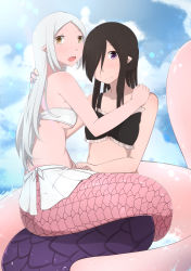 Rule 34 | 2girls, absurdres, bare shoulders, bikini, black hair, breasts, hair over one eye, highres, hug, lamia, long hair, looking at viewer, magica2, medium hair, monster girl, multiple girls, open mouth, pointy ears, purple eyes, small breasts, smile, strapless, swimsuit, underboob, white hair, yellow eyes