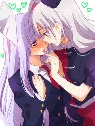 Rule 34 | 2girls, animal ears, blazer, blush, rabbit ears, capsule, chinese clothes, drugs, eye contact, feeding, female focus, formal, heart, imminent kiss, jacket, looking at another, machiko (beard), multiple girls, necktie, open mouth, pill, reisen udongein inaba, suit, touhou, yagokoro eirin, yuri