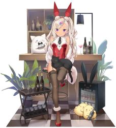 Rule 34 | 1girl, animal, animal ears, archerfish (azur lane), archerfish (coquettish bunny) (azur lane), azur lane, bare shoulders, bird, black thighhighs, bottle, breasts, cat, chick, closed mouth, cocktail glass, cup, drinking glass, fake animal ears, feather boa, garter straps, hairband, highleg, highleg leotard, highres, kani biimu, leg up, leotard, long hair, looking at viewer, manjuu (azur lane), medium breasts, meowfficer (azur lane), necktie, off shoulder, official alternate costume, official art, one side up, playboy bunny, purple eyes, rabbit ears, red footwear, red leotard, shoes, short necktie, silver hair, sitting, smile, solo, stool, tan, tanline, thighhighs, thighs, transparent background, wavy hair, wing collar