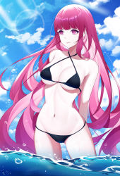 Rule 34 | 1girl, absurdres, arms behind back, bare arms, bare shoulders, bikini, black bikini, breasts, cleavage, closed mouth, cloud, collarbone, criss-cross halter, day, dintea, halterneck, highres, long hair, looking away, medium breasts, navel, original, outdoors, pink eyes, pink hair, sidelocks, solo, standing, stomach, string bikini, sunlight, swimsuit, thighs, very long hair, wading