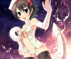 Rule 34 | 1girl, anchor, black hair, blue vert, breasts, cleavage, elbow gloves, female focus, fingerless gloves, front-tie top, gloves, green eyes, murasa minamitsu, night, night sky, open mouth, panties, short hair, sky, small breasts, solo, star (sky), star (symbol), starry sky, striped clothes, striped panties, thighhighs, touhou, underwear, underwear only, vest