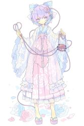 Rule 34 | 1girl, :|, alternate costume, blue bow, blue flower, blue kimono, blue rose, bow, closed mouth, expressionless, eyebrows hidden by hair, floral print, flower, frilled bow, frilled sleeves, frills, full body, geta, hair between eyes, hair bow, hair flower, hair ornament, hands up, heart, heart hair ornament, highres, holding, japanese clothes, kimono, komeiji satori, long sleeves, looking at viewer, multicolored clothes, multicolored kimono, nikorashi-ka, obi, pink bow, pink footwear, pink kimono, purple eyes, purple hair, red eyes, red flower, red rose, rose, rose print, sash, see-through, see-through sleeves, short hair, simple background, solo, symbol-only commentary, third eye, touhou, waist bow, white background, wide sleeves