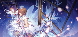 Rule 34 | 1girl, blurry, brown hair, cardcaptor sakura, closed mouth, crown, crystal, dated, depth of field, dress, closed eyes, gloves, holding, holding wand, j 315 (jean), kinomoto sakura, petals, see-through, short hair, signature, sleeveless, sleeveless dress, solo, staff, wand, white dress, white gloves, wings