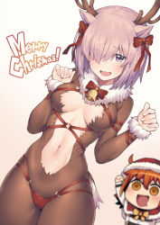 Rule 34 | animal costume, animal ears, antlers, bell, blurry, blurry background, blush, bow, breasts, capelet, center opening, chibi, deer ears, deer tail, depth of field, eyes visible through hair, fate/grand order, fate (series), fujimaru ritsuka (female), fur-trimmed capelet, fur-trimmed headwear, fur-trimmed sleeves, fur trim, hair bow, hair over one eye, hands up, hat, highres, horns, jingle bell, jp06, long sleeves, looking at viewer, mash kyrielight, medium breasts, merry christmas, navel, o-ring, o-ring bottom, o-ring panties, open mouth, orange hair, panties, red bow, red capelet, red hat, red panties, reindeer costume, santa hat, short hair, simple background, solo focus, standing, tail, underwear