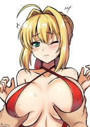 Rule 34 | 10s, 1girl, ^^^, ahoge, artist name, bare shoulders, blonde hair, blush, braid, grabbing another&#039;s breast, breasts, clenched hand, closed mouth, collarbone, covered erect nipples, crying, crying with eyes open, eyebrows, eyelashes, fate/extra, fate/extra ccc, fate (series), french braid, grabbing, green eyes, groping, hair between eyes, hair bun, hair intakes, hair ribbon, hand up, highres, large breasts, long hair, looking at viewer, nero claudius (fate), nero claudius (fate) (all), nero claudius (fate/extra), nipples, official alternate costume, one-piece swimsuit, one eye closed, red one-piece swimsuit, red ribbon, ribbon, shiny skin, signature, simple background, single hair bun, sketch, slingshot swimsuit, solo, solo focus, standing, sweat, sweatdrop, swimsuit, tears, the-sinner, upper body, white background
