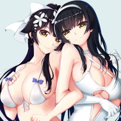 Rule 34 | 2girls, absurdres, alternate costume, azur lane, baozha gangbi, bikini, black hair, breasts, cleavage, cosplay, costume switch, creator connection, crossed arms, flower, girls&#039; frontline, gloves, hair flower, hair ornament, hairband, highres, large breasts, long hair, looking at viewer, mole, mole under eye, multiple girls, official alternate costume, one-piece swimsuit, smile, swimsuit, takao (azur lane), takao (azur lane) (cosplay), takao (beach rhapsody) (azur lane), type 95 (girls&#039; frontline), type 95 (girls&#039; frontline) (cosplay), type 95 (summer cicada) (girls&#039; frontline), white bikini, white one-piece swimsuit, yellow eyes