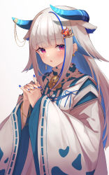 Rule 34 | 1girl, absurdres, animal ears, bell, blue hair, blue nails, blunt bangs, blush, chibi, chibi inset, commentary request, ear piercing, earrings, extra ears, hair ornament, hands up, highres, horn ornament, horns, japanese clothes, jewelry, kimono, lize helesta, long hair, long sleeves, looking at viewer, nail polish, neck bell, nenehotoso, nijisanji, own hands clasped, own hands together, parted lips, piercing, purple eyes, silver hair, simple background, solo, virtual youtuber, white background, white kimono, wide sleeves