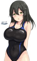 Rule 34 | 1girl, :o, alternate breast size, arms behind back, black hair, black one-piece swimsuit, blue one-piece swimsuit, breasts, brown eyes, competition swimsuit, dated, hair between eyes, hair ornament, hairclip, highleg, highres, impossible clothes, impossible swimsuit, kantai collection, large breasts, looking at viewer, medium hair, montemasa, one-piece swimsuit, oyashio (kancolle), simple background, solo, swimsuit, twitter username, two-tone swimsuit, wet, wet clothes, wet swimsuit, white background