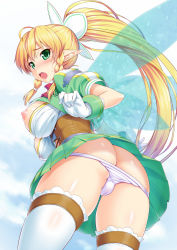 Rule 34 | 10s, 1girl, ass, blonde hair, blush, braid, breasts, butt crack, corset, elf, fairy, fairy wings, gloves, green eyes, hair ribbon, kawase seiki, large breasts, leafa, long hair, looking back, nipples, open mouth, panties, pantyshot, pointy ears, ponytail, puffy short sleeves, puffy sleeves, ribbon, short sleeves, side braid, simple background, skirt, solo, sword art online, thighhighs, twin braids, underwear, upskirt, very long hair, white gloves, white panties, white thighhighs, wings