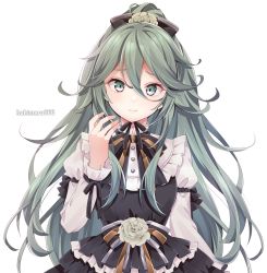 Rule 34 | 1girl, alternate costume, artist name, black ribbon, commentary request, dress, frilled dress, frills, green eyes, green hair, hair between eyes, hair ornament, hairclip, kantai collection, kukimaru, long hair, looking at viewer, multicolored clothes, multicolored dress, parted bangs, ponytail, ribbon, sidelocks, simple background, solo, white background, yamakaze (kancolle)