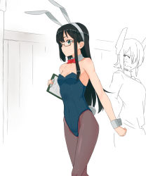 Rule 34 | 2girls, alternate costume, animal ears, bare arms, bare shoulders, black hair, blue leotard, blush, bow, bowtie, breasts, cleavage, clipboard, closed mouth, commentary request, constricted pupils, cowboy shot, detached collar, fake animal ears, green eyes, hair over one eye, hairband, headgear, holding, indoors, kantai collection, leotard, long hair, multiple girls, necktie, ooyodo (kancolle), pantyhose, partially colored, playboy bunny, rabbit ears, rabbit tail, red bow, red neckwear, single sidelock, small breasts, solo focus, spot color, straight hair, strapless, strapless leotard, surprised, sweatdrop, tail, tenryuu (kancolle), tsurugi (the horizon), walking, white hairband, wrist cuffs