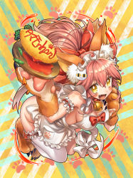 Rule 34 | 1girl, :d, animal ears, animal hands, aono shimo, apron, ass, bad id, bad pixiv id, bell, blush, breasts, cat ears, cat paws, cleavage, collar, fang, fate/grand order, fate (series), food, ketchup, long hair, looking at viewer, maid headdress, naked apron, neck bell, omelet, omurice, open mouth, pink hair, sideboob, single thighhigh, smile, solo, tamamo (fate), tamamo cat (fate), tamamo no mae (fate/extra), thighhighs, white thighhighs, yellow eyes