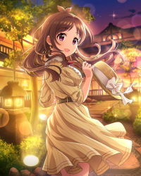 Rule 34 | 1girl, antenna hair, architecture, blurry, blurry background, blush, breasts, brown dress, brown hair, dress, east asian architecture, floating hair, hat, holding, holding clothes, holding hat, idolmaster, idolmaster cinderella girls, lens flare, looking at viewer, looking back, medium breasts, night, official art, red eyes, smile, solo, stone lantern, striped clothes, striped dress, tsujino akari, unworn hat, unworn headwear