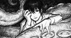 Rule 34 | black hair, chainsaw man, earrings, greyscale, hand over face, jacket, jewelry, kgynh, looking at viewer, mole, mole under mouth, monochrome, multiple earrings, octopus devil (chainsaw man), pointing, tentacles, white background, white jacket, yoshida hirofumi