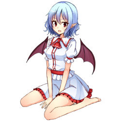 Rule 34 | 1girl, :d, ascot, bare legs, barefoot, bat wings, belt, between legs, blue hair, blush, buttons, collar, frilled collar, frilled shirt collar, frills, full body, hand between legs, jacket, junior27016, open mouth, pointy ears, puffy short sleeves, puffy sleeves, red eyes, remilia scarlet, short hair, short sleeves, simple background, sitting, skirt, smile, solo, touhou, tsurime, v arms, vampire, wariza, white background, white jacket, white skirt, wings