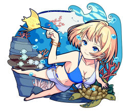 Rule 34 | 1girl, air bubble, angelfish, bangle, bare legs, barefoot, belly chain, bikini, bikini top only, blonde hair, blue eyes, blue nails, bracelet, breath, bubble, coral, earrings, fish, freediving, highres, holding breath, jewelry, manta ray, nail polish, nefula14, ocean, official style, original, school of fish, sea turtle, shorts, smile, solo, surgeonfish, swimsuit, tropical fish, turtle, underwater