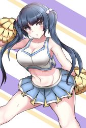 Rule 34 | alternate costume, bare shoulders, black hair, blue skirt, blush, breasts, cheerleader, cleavage, collarbone, commentary request, creatures (company), game freak, hair bobbles, hair ornament, large breasts, long hair, looking at viewer, midriff, navel, nintendo, pleated skirt, pokemon, pokemon frlg, pom pom (cheerleading), red eyes, sabrina (pokemon), shirt, skirt, sleeveless, sleeveless shirt, sumida kichi, sweat, twintails, white shirt