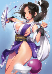Rule 34 | 1girl, alternate color, blush, breasts, brown eyes, brown hair, cleavage, hand fan, folding fan, japanese clothes, large breasts, looking at viewer, matsuda (matsukichi), player 2, ponytail, shiranui mai, sideboob, simple background, smile, solo, the king of fighters