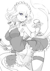 Rule 34 | 1girl, adapted costume, apron, between fingers, braid, breasts, cleavage, cup, detached collar, dress, frilled apron, frilled skirt, frills, greyscale, highres, holding, holding knife, izayoi sakuya, knife, knives between fingers, looking at viewer, maid, maid apron, maid headdress, monochrome, no panties, raptor7, saucer, see-through, short hair, simple background, sketch, skirt, sleeveless, sleeveless dress, smile, solo, spot color, teacup, thigh strap, thighs, touhou, twin braids, white background, wrist cuffs