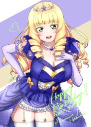 Rule 34 | 1girl, birthday, blonde hair, blunt bangs, breasts, cleavage, dated, dress, elbow gloves, gloves, green eyes, hairband, heanna sumire, highres, large breasts, long hair, looking at viewer, love live!, love live! superstar!!, noochan chonoda, smile, solo